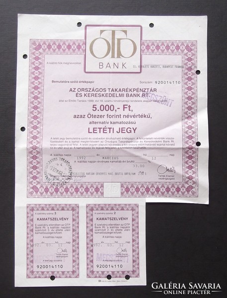 OTP Bank 5000 Ft névértékű alternatív kamatozású Letéti jegy 1992 (2 db)