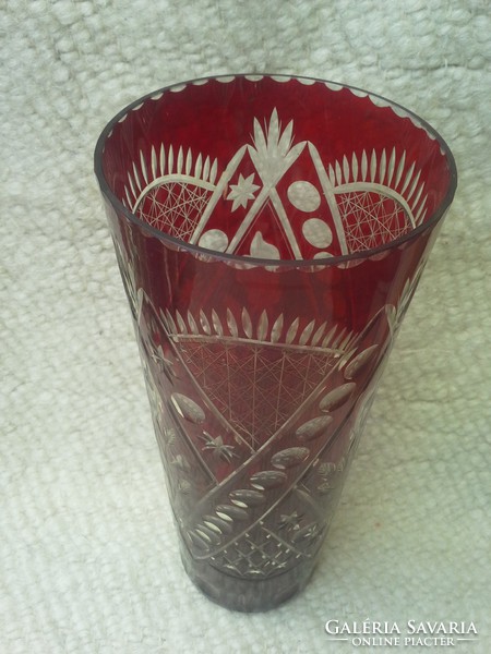 Beautiful, burgundy, polished crystal vase, rose pattern. Height: 32.5 cm. Cheaper!