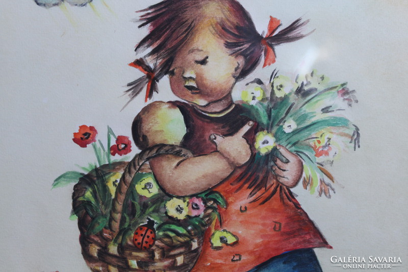 Eredeti Hummel Virágot szedő kislány akvarell, nem nyomat, gyűjtői darab