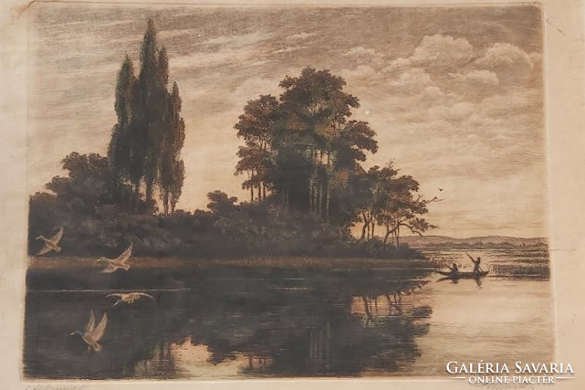 Paul Paulovits: dusk - boaters, lake birds - 45x34 cm etching