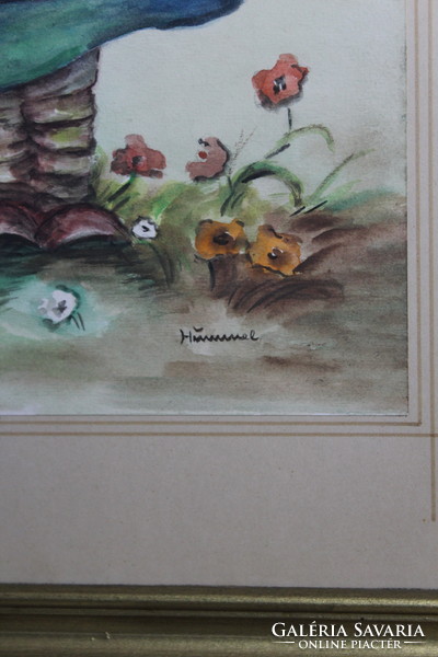 Eredeti Hummel Virágot szedő kislány akvarell, nem nyomat, gyűjtői darab