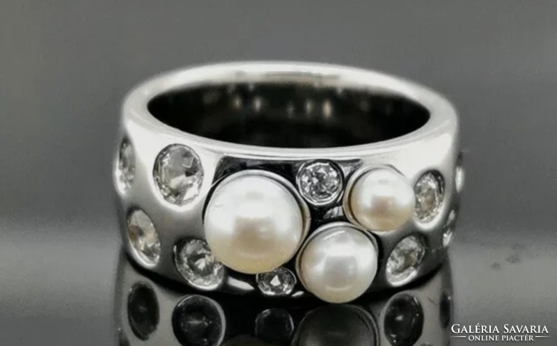 Mesés gyöngyös ès cirkónium   drágaköves gyűrű, 50 méret   925 ezüst  új