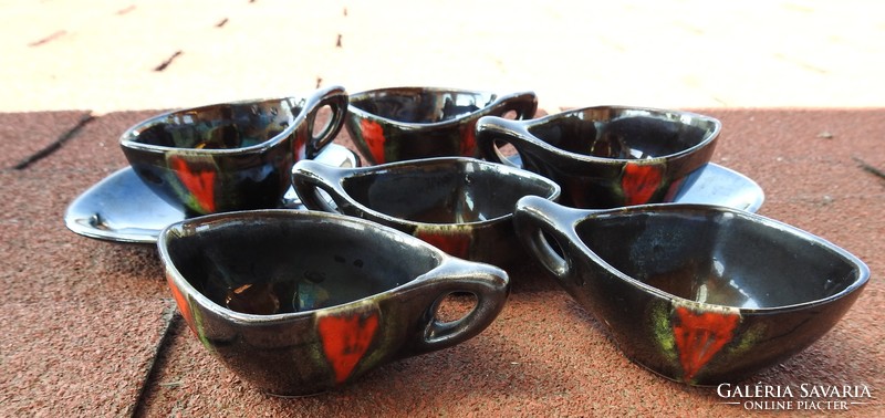 Retro csónak alakú fekete piros folyatott mázas kávés vagy röviditalok kerámia csésze készlet