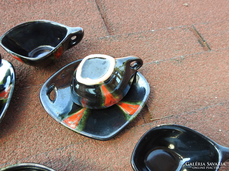 Set of retro boat shaped black red flow glazed coffee or short drinks ceramic cups