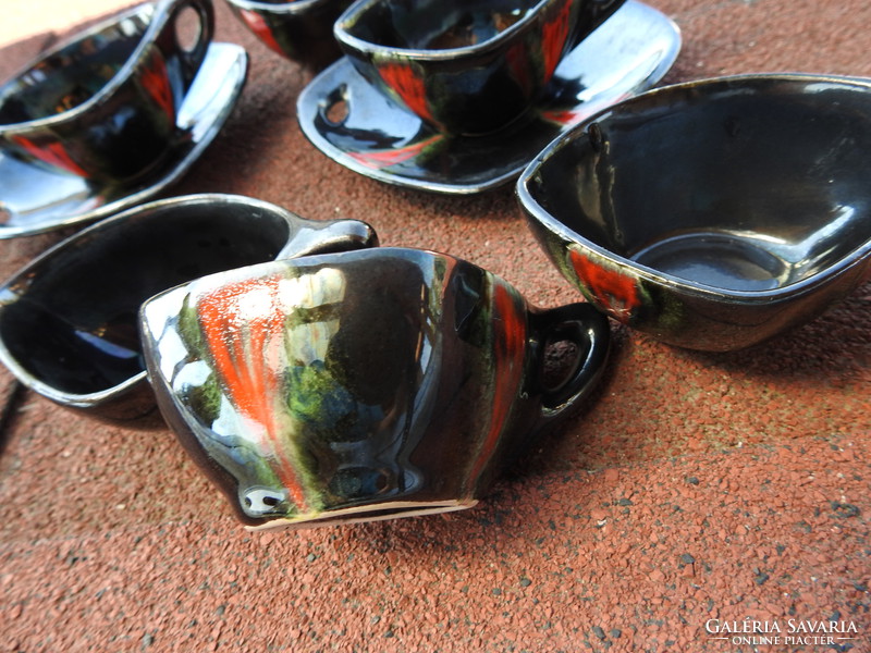 Retro csónak alakú fekete piros folyatott mázas kávés vagy röviditalok kerámia csésze készlet
