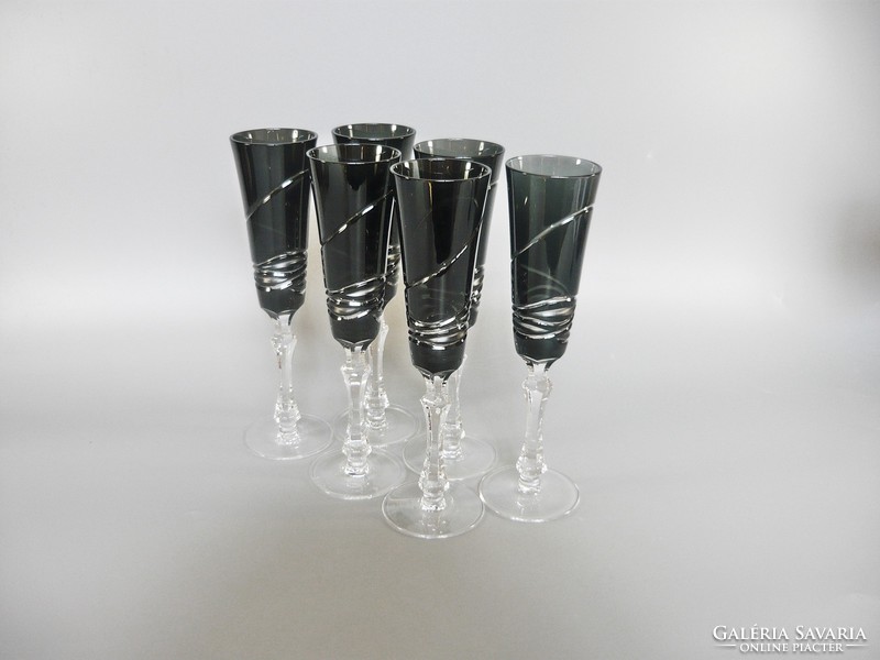 Lips, onyx black, hand-polished, lead crystal champagne glasses, set of 6! (Bt043)