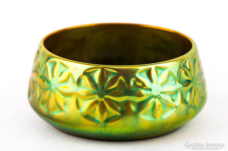Zsolnay, circular art deco eosin green gold porcelain basket, flawless! (P176)