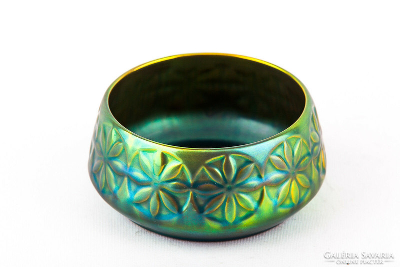 Zsolnay, circular art deco eosin green gold porcelain basket, flawless! (P175)