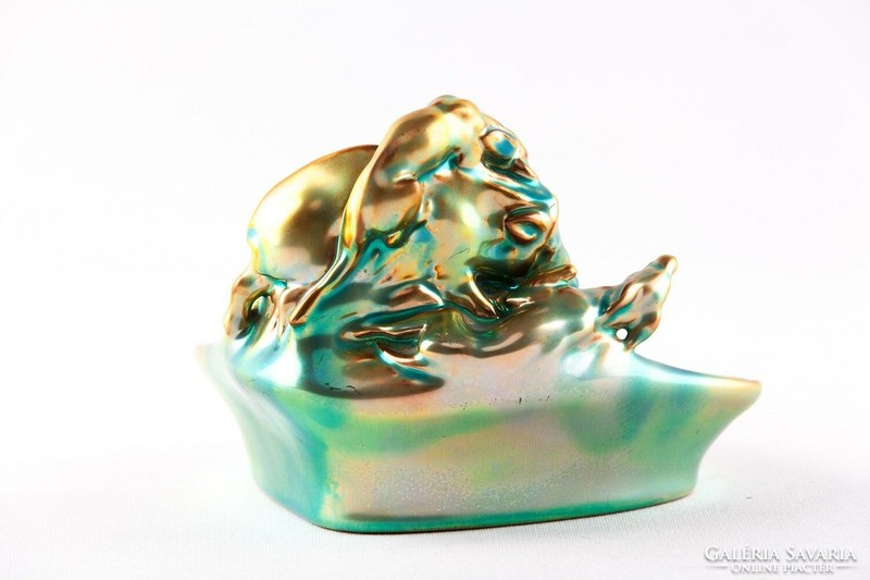 Zsolnay, hunting dog eosin green gold porcelain soap dish, flawless! (P184)