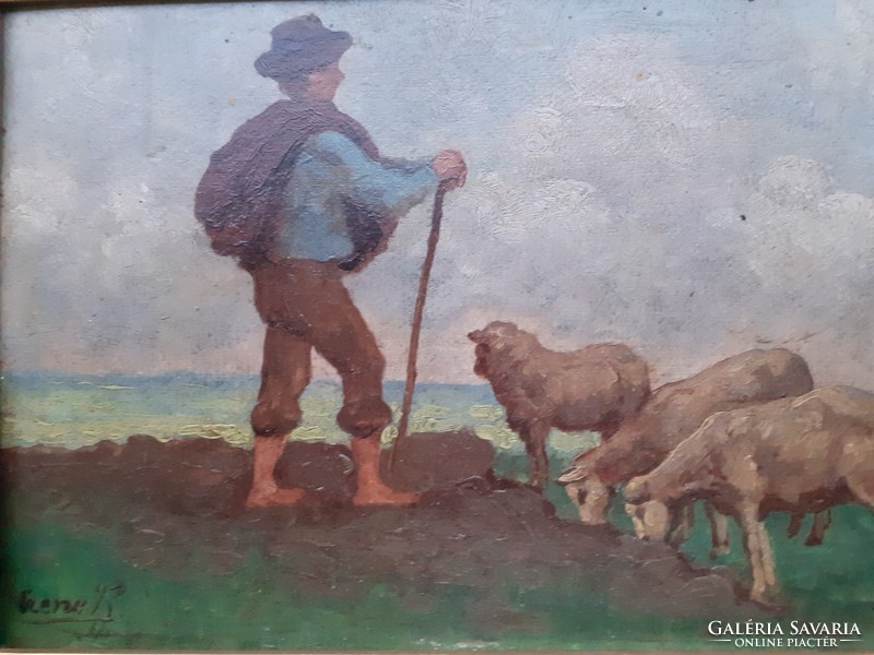 Music with sign: shepherd boy with barricades on old oil wooden board