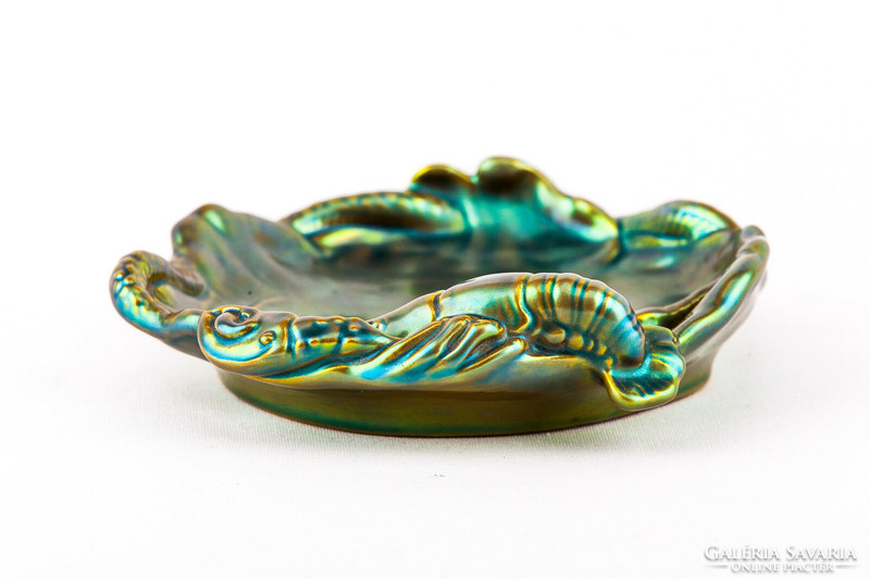 Zsolnay, lobster eosin green gold porcelain ashtray, flawless! (P169)