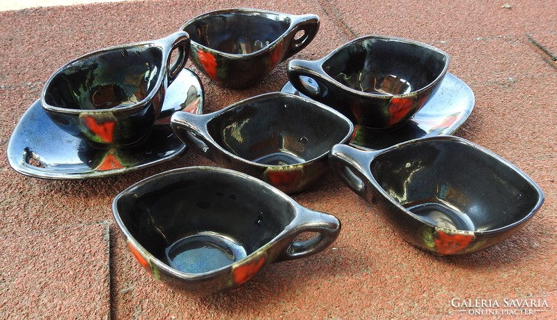 Set of retro boat shaped black red flow glazed coffee or short drinks ceramic cups