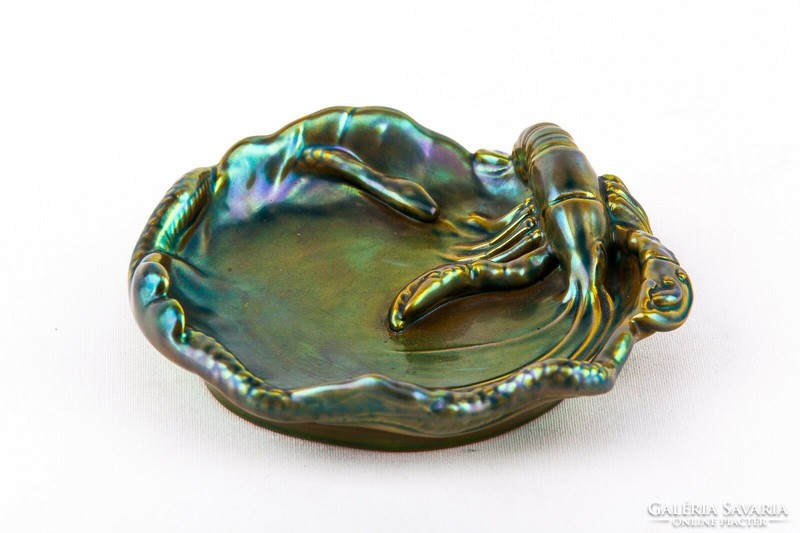 Zsolnay, lobster eosin green gold porcelain ashtray, flawless! (P169)