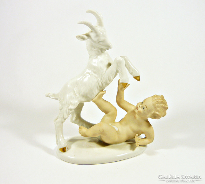 Wallendorf, a putty little boy playing with a goat 20.2 Cm hand-painted porcelain figurine, flawless! (P207)