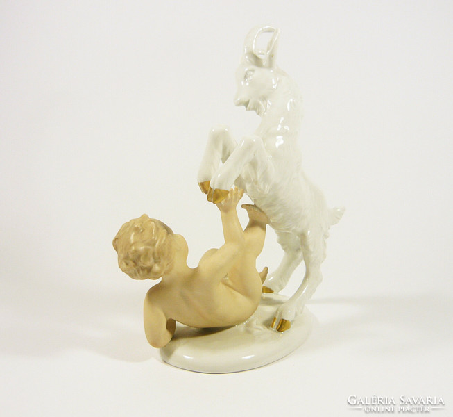 Wallendorf, a putty little boy playing with a goat 20.2 Cm hand-painted porcelain figurine, flawless! (P207)