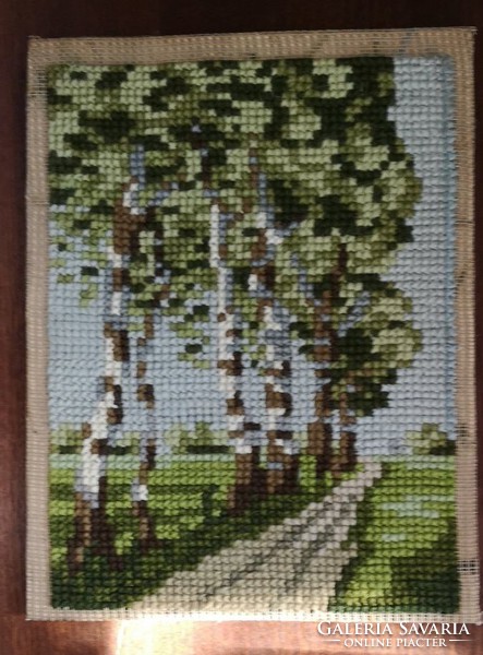 Antique needle tapestry: fir row.Size: 22x29 cm.Unframed.