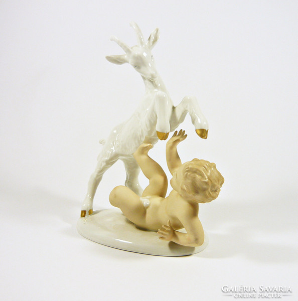 Wallendorf, a putty little boy playing with a goat 20.2 Cm hand-painted porcelain figurine, flawless! (P207)