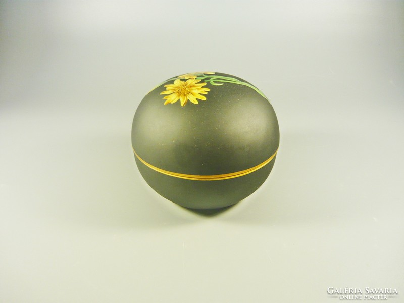 Herend, antique black bonbonier with yellow flowers 9 cm. , 1940, Flawless! (B068)