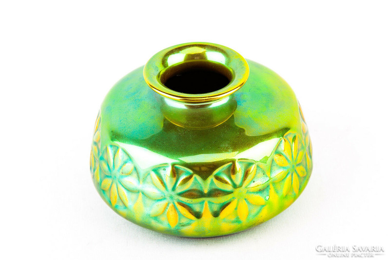Zsolnay, flower patterned eosin green gold small porcelain vase, flawless! (P182)