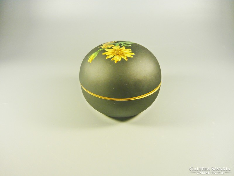 Herend, antique black bonbonier with yellow flowers 9 cm. , 1940, Flawless! (B068)