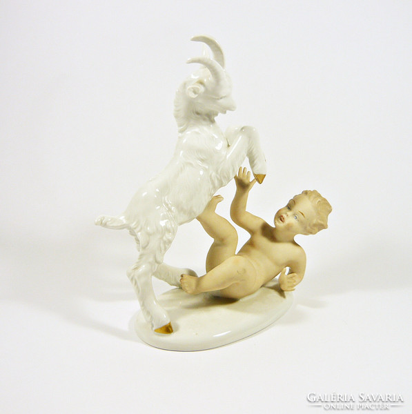 Wallendorf, a putty little boy playing with a goat 20.2 Cm hand-painted porcelain figurine, flawless! (P207)