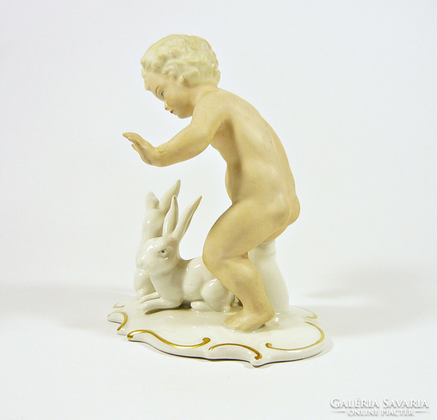 Schaubach kunst, putto little boy with two rabbits 13.7 Cm hand painted porcelain figurine, flawless! (P192)
