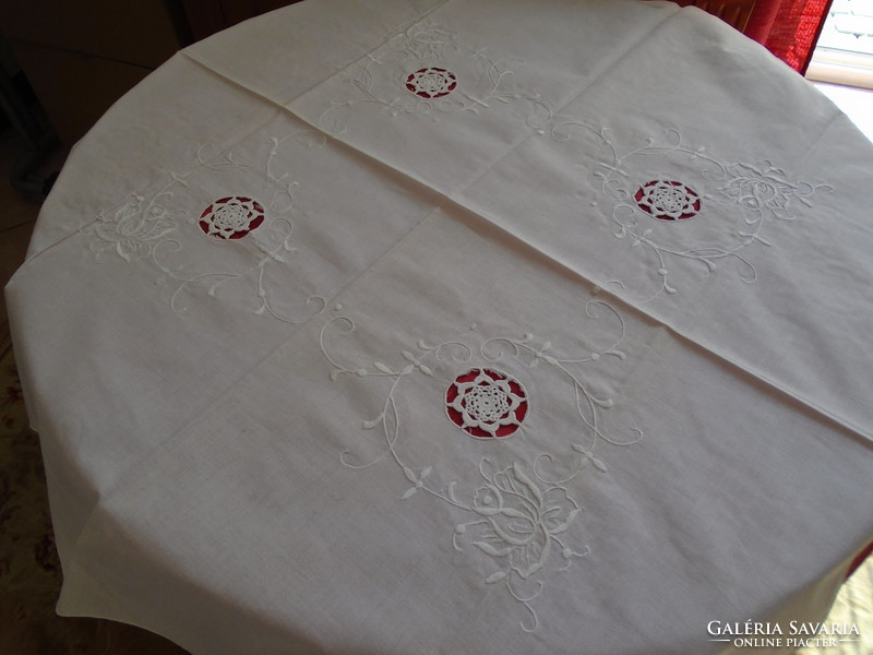 80 X 82 cm embroidered cotton tablecloth with crochet insert.