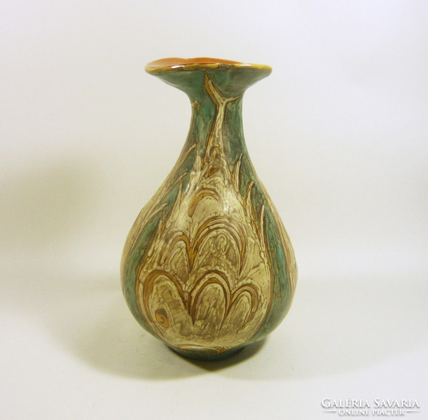 Gorka lívia, retro 1950 gray artistic 22.5 Cm ceramic fish pattern vase, flawless! (G031)