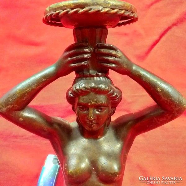 Antique copper, bronze female nude lamp, pair of candle holders.