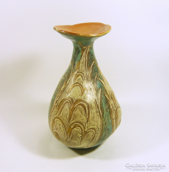 Gorka lívia, retro 1950 gray artistic 22.5 Cm ceramic fish pattern vase, flawless! (G031)