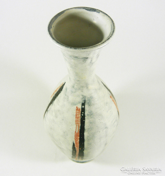 Gorka lívia, retro 1960 black striped white 35.5 Cm artistic ceramic vase, flawless! (G024)
