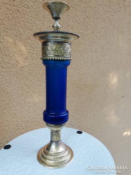 Díszes régi fém-üveg gyertyatartó 30 cm