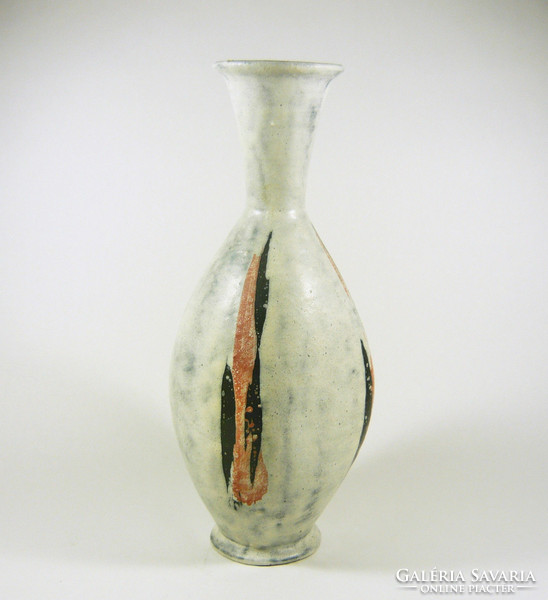 Gorka lívia, retro 1960 black striped white 35.5 Cm artistic ceramic vase, flawless! (G024)
