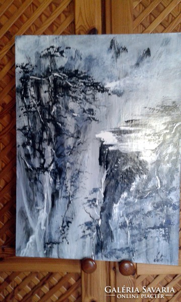 "Szürke -fehér-fekete"sziklás hegység,festmény 40 x54cm