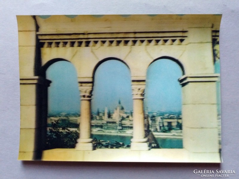 Retro 'dimensional' postcard, fisherman's bastion, parliament, 1980s postman