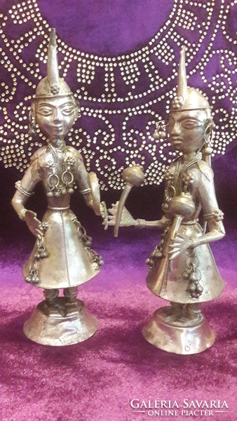 2 silver-plated oriental musician statues