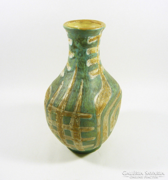 Gorka lívia, retro 1950 brown spiral motif green 23.3 Cm artistic ceramic vase, flawless! (G099)