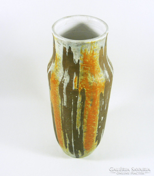 Gorka lívia, retro 1960 black & orange striped 30.2 Cm artistic ceramic vase, flawless! (G105)