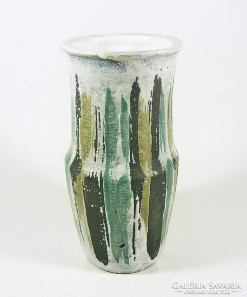 Gorka lívia, retro 1960s green and beige striped artistic ceramic vase, flawless! (G075)