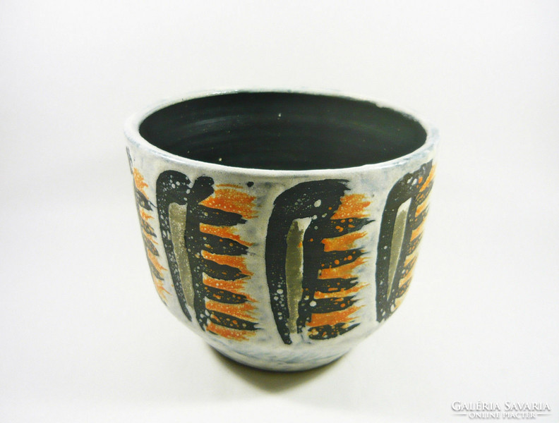 Gorka lívia, retro 1960 black & orange motif 20.6 Cm artistic ceramic pot, flawless! (G083)