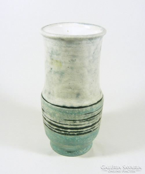 Gorka lívia, retro 1960s sky blue & white 22 cm artistic ceramic vase, flawless! (G074)