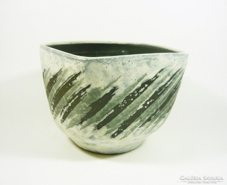 Gorka lívia, retro 1960s black striped gray artistic ceramic pot, flawless! (G055)