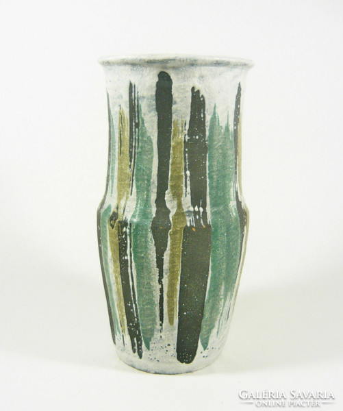 Gorka lívia, retro 1960s green and beige striped artistic ceramic vase, flawless! (G075)