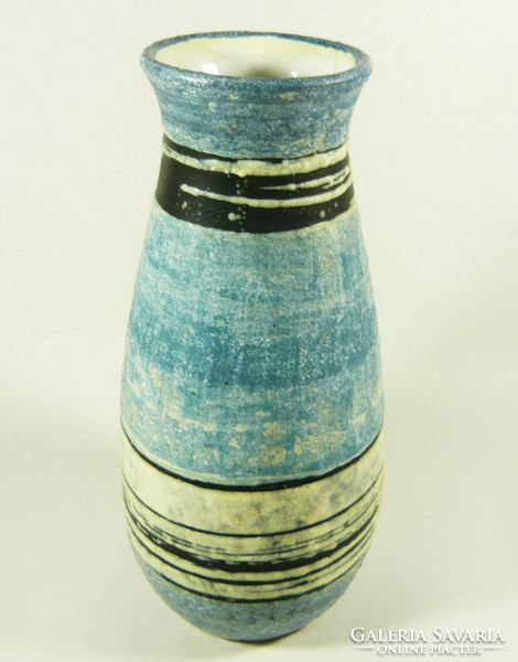 Gorka lívia, retro 1960 white and blue striped 28 cm artistic ceramic vase, flawless! (G058)