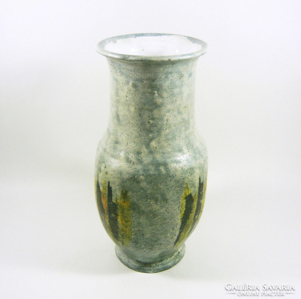 Gorka lívia, retro 1960 black striped gray 28 cm artistic ceramic vase, flawless! (G095)