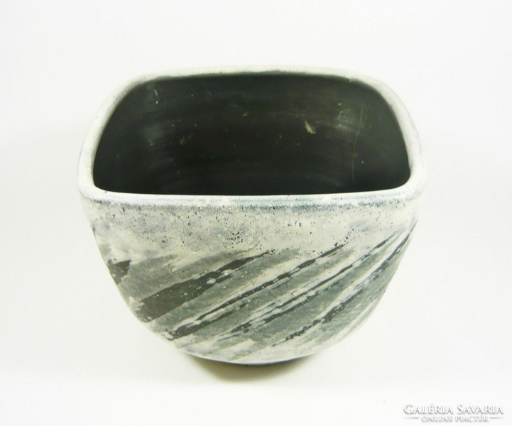 Gorka lívia, retro 1960s black striped gray artistic ceramic pot, flawless! (G055)