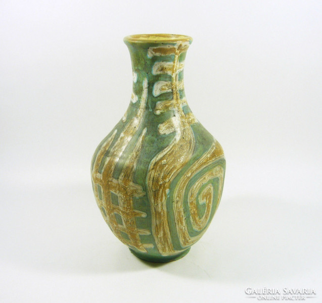 Gorka lívia, retro 1950 brown spiral motif green 23.3 Cm artistic ceramic vase, flawless! (G099)