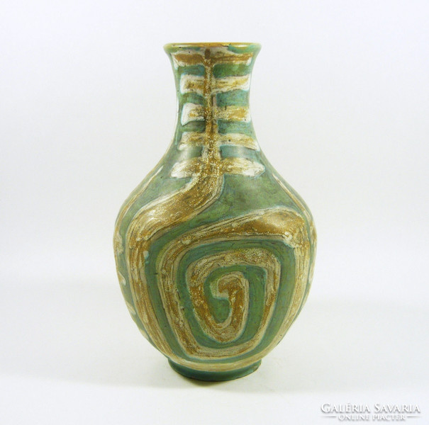 Gorka lívia, retro 1950 brown spiral motif green 23.3 Cm artistic ceramic vase, flawless! (G099)