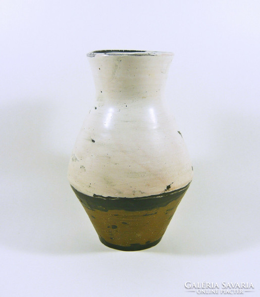 Gorka lívia, retro 1950 brown & white 21.5 Cm artistic ceramic vase, flawless! (G090)
