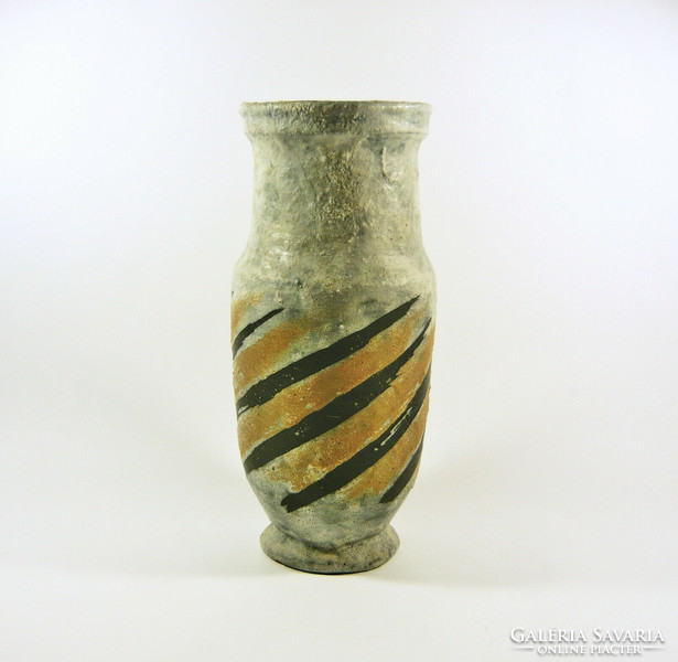 Gorka lívia, retro 1960 black & brown striped artistic ceramic vase, flawless! (G080)